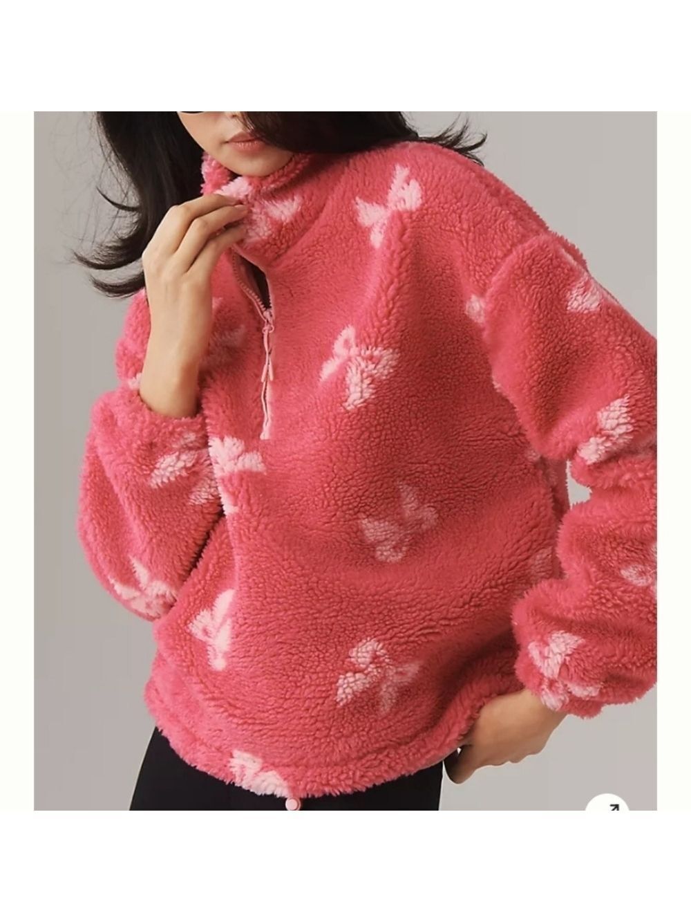 Beach Riot Women's Leona Slopes Sherpa Quarter-Zip Pullover In Pink Bows Sz M